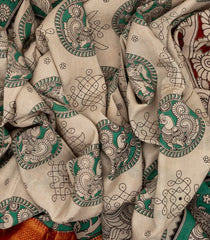 Taupe Woven Kalamkari Printed Cotton Saree With Annam Motifs