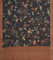 BLack Printed Tussar Silk Saree With Kalamkari Motifs-TU3600