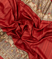 Red Woven Tussar Silk Saree With Printed Wedding Motifs-TU3180