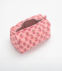Baby Pink Cotton Bagru Printed Toiletry Bag With Zipper-ACS1087