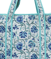 Off White Bagru Printed Handmade Cotton Quilted Tote Bag With Zipper-ACS1041