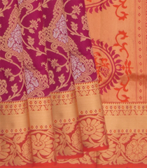 Pink Handwoven Soft Silk Saree With Mango And Vine Motifs In Contrast Rust Border & Pallu-Pink