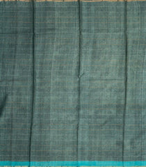 Turquoise Handloom Tussar Silk Saree With Checks & Printed Floral Motifs-TU2797