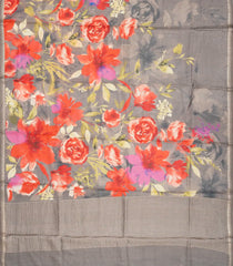 Grey Handloom Tussar Saree With Printed Floral Motifs-TU3057