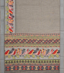 Grey Woven Synthetic Linen Saree With Printed Bird Motifs-BL4405