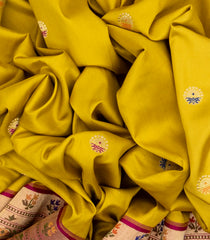 Mustard Handloom Banarasi Silk Saree With Meena Floral Buttas