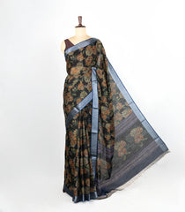 Black Woven Art Linen Saree With Printed Floral Motifs and  Blue border-BL4678