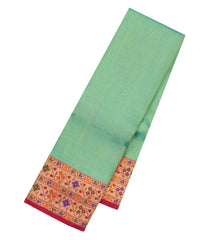 Green Handloom Korvai Kanchipuram Silk Saree With Contrast Meena Border-KA15800