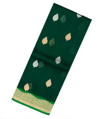 Bottle Green Handloom Banarasi Organza Silk Saree With Floral Buttas-BE1665