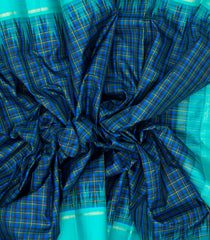 Blue Handloom Kanchipuram Silk Saree With Checks & Temple Border-KA12504