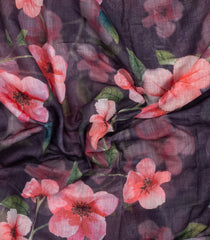 Black Printed Synthetic Linen Saree With Floral Motifs-SY0190