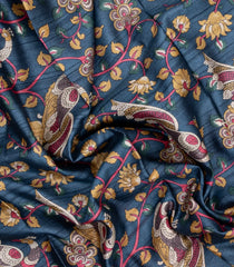 Dark Grey Printed Tussar Silk Saree With Kalamkari Motifs-TU3592