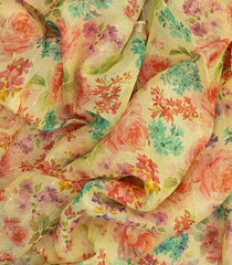 Yellow Woven Pure Chiffon Silk Saree With Printed Floral & Peacock Motifs-PS0589