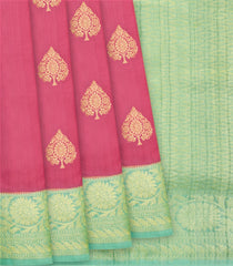 Pink Handwoven Tussar Georgette Silk Saree With Flower Bud Butta & Vine Motifs in Turquoise Border-Pink