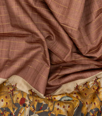 Dusty Pink Woven Tussar Silk Saree With Stripes & Printed Madhubani Motifs-TU3185