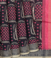 Black Woven Tussar Silk Saree Printed With Floral Motifs-Black