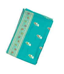 Cyan Woven Blended Dupion Saree With Meena Floral Motifs