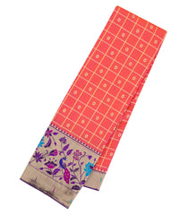 Peach Handloom Paithani Silk Saree With Zari Checks & Contrast Border-PA1136