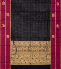 Black Handloom Kanchi Cotton Saree With Zari Checks & Pink Border