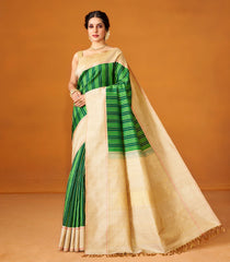 Bottle Green Handloom Korvai Kanchipuram Silk Saree With Stripes-KA12605