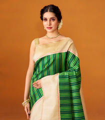 Bottle Green Handloom Korvai Kanchipuram Silk Saree With Stripes-KA12605