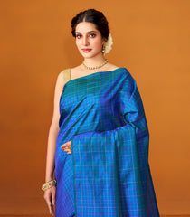 Blue Handloom Kanchipuram Silk Saree With Checks & Contrast Pallu-KA12612
