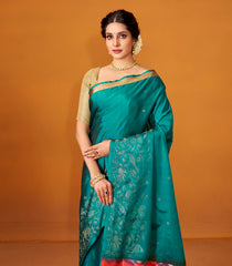 Teal Handloom Soft Silk Saree With Floral Motifs & Contrast Pallu-SO3994