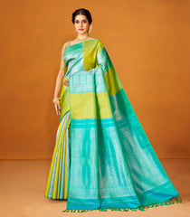 Light Green Handloom Kanchipuram Half & Half Silk Saree With Floral Motifs-KA12621