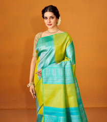 Light Green Handloom Kanchipuram Half & Half Silk Saree With Floral Motifs-KA12621