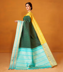Bottle Green Handloom Korvai Kanchipuram Silk Saree With Zari Stripes-KA12609