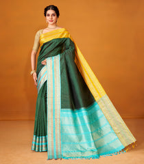 Bottle Green Handloom Korvai Kanchipuram Silk Saree With Zari Stripes-KA12609