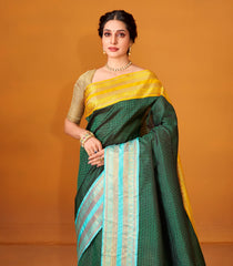 Bottle Green Handloom Korvai Kanchipuram Silk Saree With Zari Stripes-KA12609