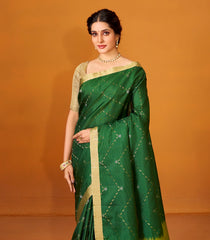 Bottle Green Handloom Soft Silk Saree With Stripes & Floral Motifs-SO3988