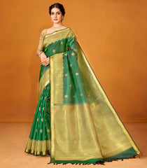 Bottle Green Handloom Kanchipuram Silk Saree With Floral Buttas-KA12615