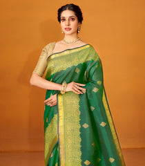 Bottle Green Handloom Kanchipuram Silk Saree With Floral Buttas-KA12615