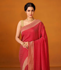 Crimson Woven Mysore Silk Saree With Zari Stripes-MS3083