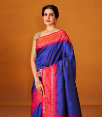 Dark Blue Handloom Korvai Kanchipuram Silk Saree With Contrast Border-KA12611