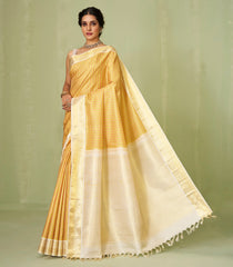 Mustard Handloom Korvai Kanchipuram Silk Saree With Checks-KA12614