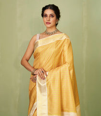Mustard Handloom Korvai Kanchipuram Silk Saree With Checks-KA12614