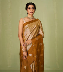 Taupe Handloom Soft Silk Saree With Stripes & Contrast Border-SO4021