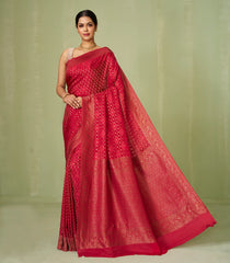 Crimson Woven Mysore Silk Saree With Floral Jaal Motifs-MS3088