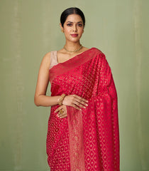 Crimson Woven Mysore Silk Saree With Floral Jaal Motifs-MS3088