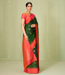 Bottle Green Handloom Soft Silk Saree With Buttas & Contrast Border-SO4034