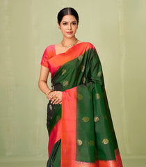 Bottle Green Handloom Soft Silk Saree With Buttas & Contrast Border-SO4034