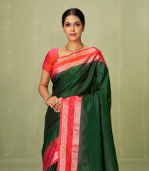 Bottle Green Handloom Soft Silk Saree With Checks & Contrast Border-SO4036