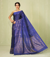 Navy Blue Handloom Soft Silk Saree With Floral Motifs-SO3997