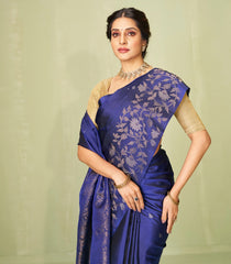 Navy Blue Handloom Soft Silk Saree With Floral Motifs-SO3997