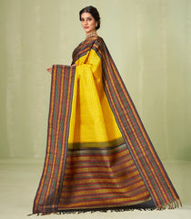 Yellow Handloom Korvai Kanchipuram Silk Saree With Checks & Black Border-KA12606