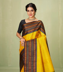 Yellow Handloom Korvai Kanchipuram Silk Saree With Checks & Black Border-KA12606