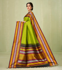 Leafy Green Handloom Korvai Kanchipuram Silk Saree With Checks & Black Border-KA12607